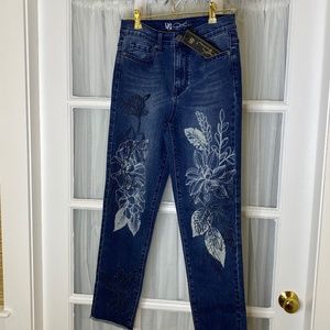 Dark blue denim jeans embroidered with flowers; new; size 4; DG2
